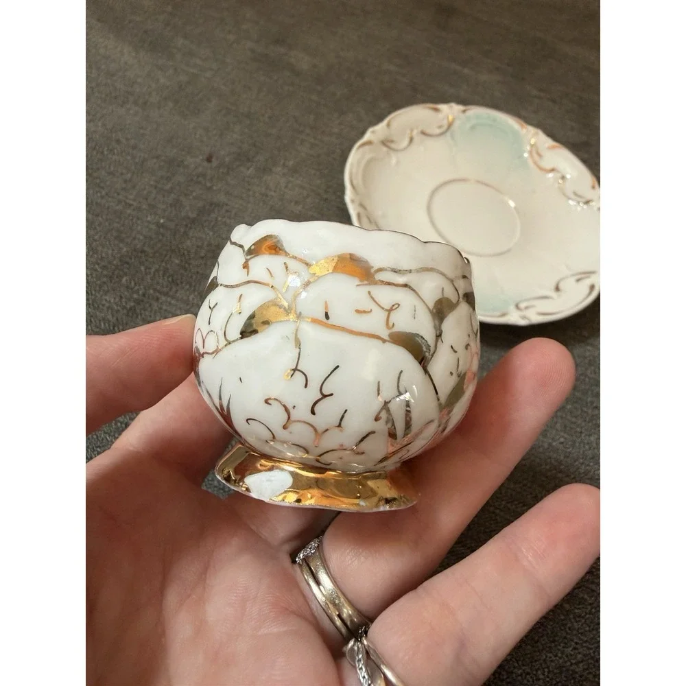 Demitasse Cup & Saucer High Handle Gold On Fine White Porcelain Vintage FLAW